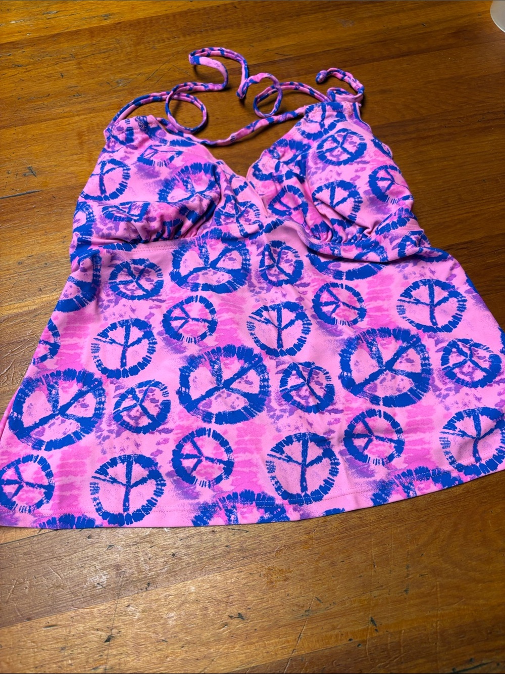 Jr size Teen Joe Boxer Pink and Blue Tie-Dye Peace Sign Tankini Top